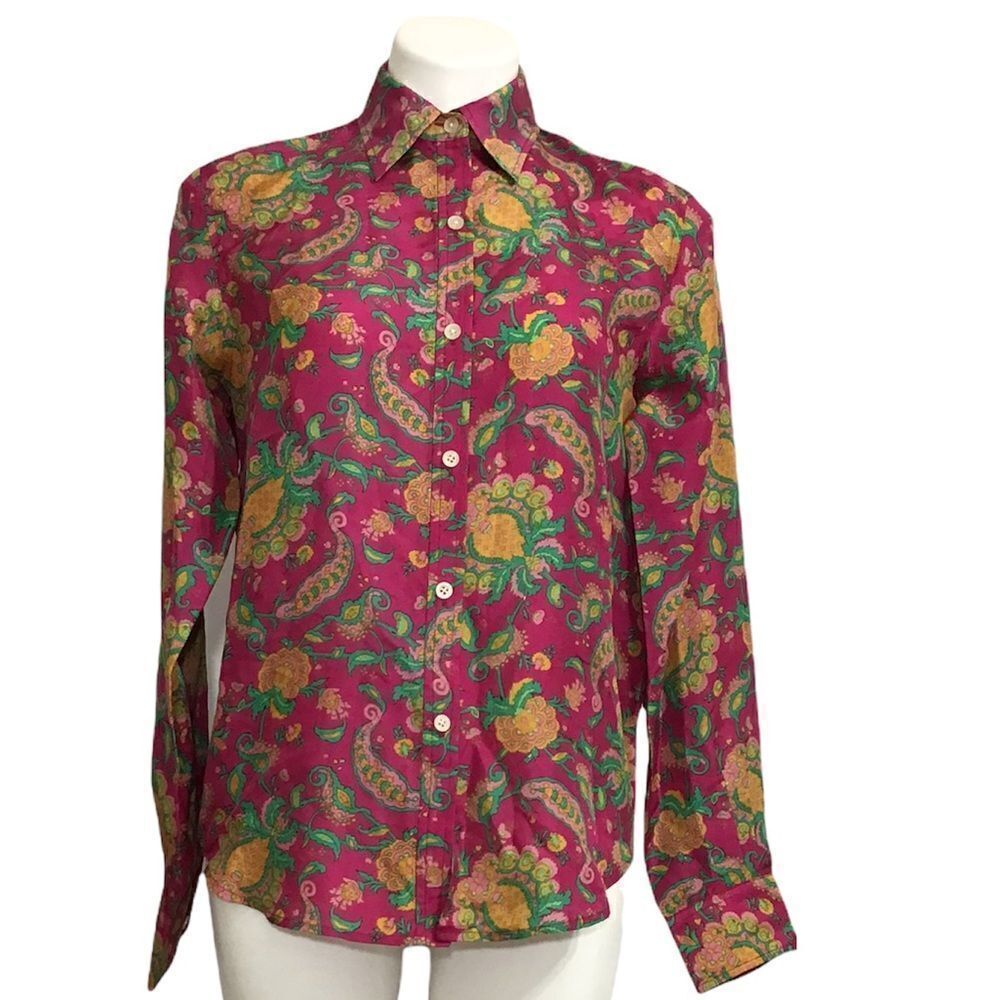 Ralph Lauren Pink Floral Long Sleeve Blouse 100% Silk Size Small